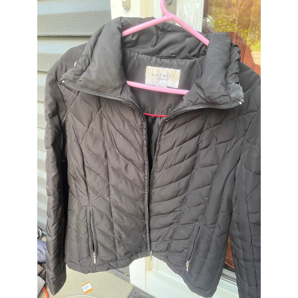 Nine West Separates Black Chevron Quilted Down Puffer Jacket XL Pockets Full Zip